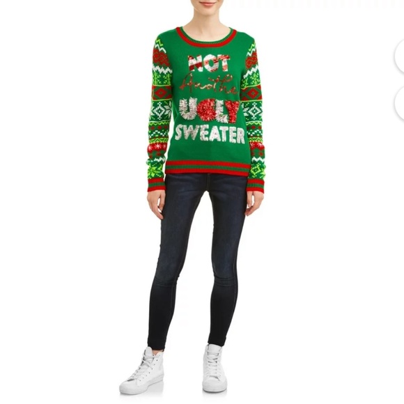Not Another Ugly Sweater, Green Christmas Pullover with Bells, Tinsel & Sequins - Picture 6 of 9